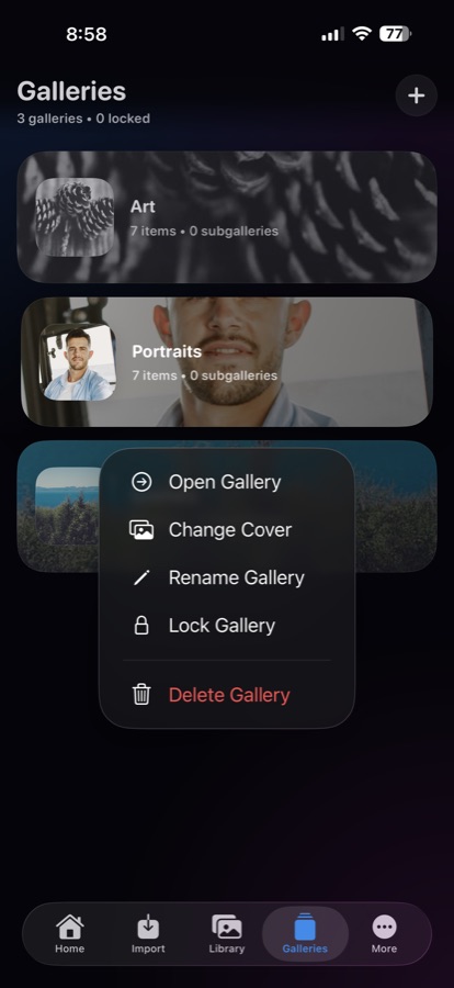 Glint galleries list with gallery controls.