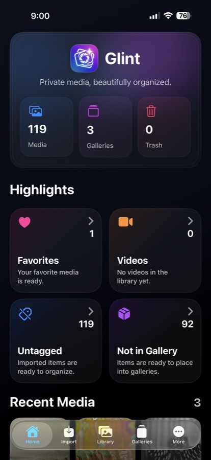 Glint Home screen showing library highlights and recent media.