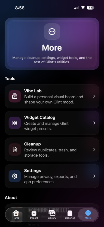 Glint More screen with Vibe Lab and Widget Catalog tools.